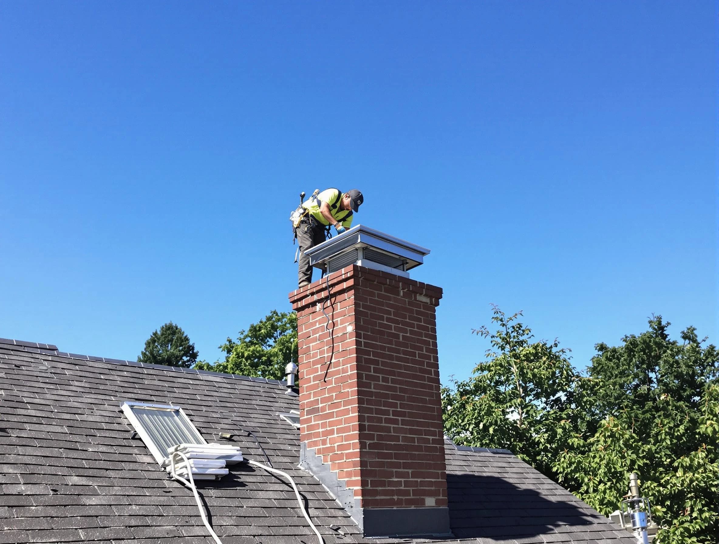 Commerce City Chimney Sweep technician measuring a chimney cap in Commerce City, CO