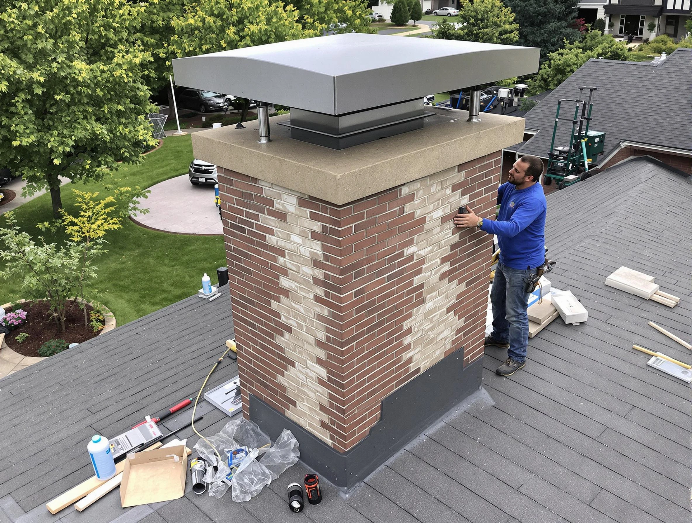 Commerce City Chimney Sweep team working on a custom chimney remodel in Commerce City, CO